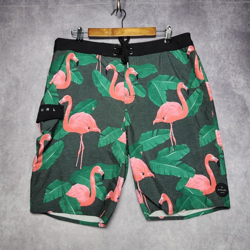 Rip Curl Flamingo Board Shorts Mens 36 Green Pink Tropical Palm Leaf Swim Trunks
